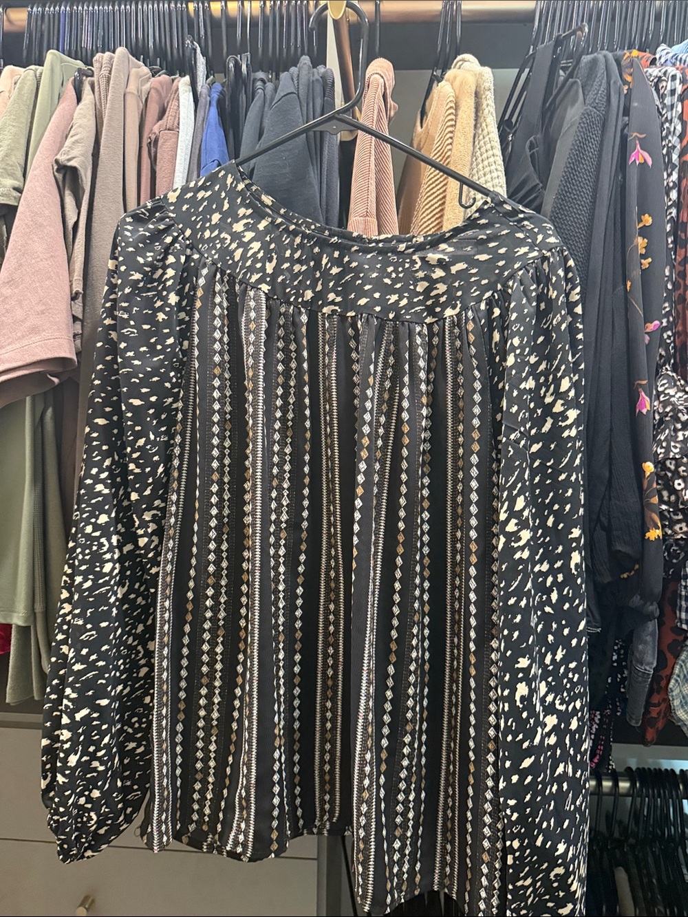 Black and Cream Printed Long-Sleeve Women's Blouse